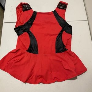 Bebe Hi-Lo Red Peplum top w/Faux Leather accents M